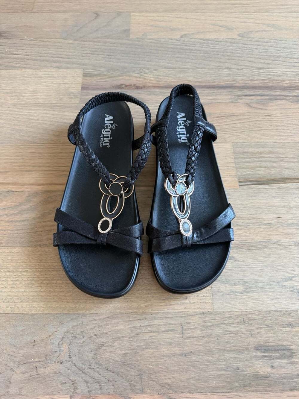 Alegria ROZ-101 Black Embellished T-Strap Wedge Sandals Size 42